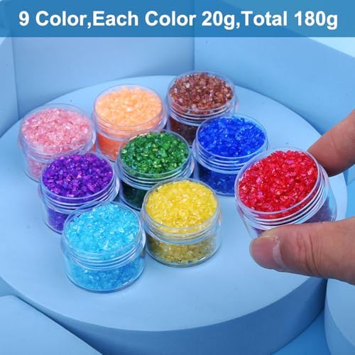9 Box Transparent Broken Crushed Glass Glitter, 6.4oz/180g Irregular Shards Metallic Crystal Chips 2-4mm Chunky Flakes Sequins Gravel for Epoxy Resin Craft Supplies Nail Art DIY