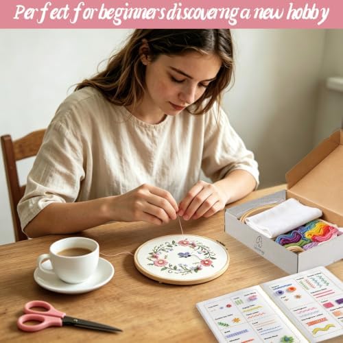 Bonroy Beginner Embroidery Stitch Book with Fabric Pages, Essential Stitches in Structured Learning Order for Adults, DIY Sewing Kit with Floral Motifs, Practice Patterns
