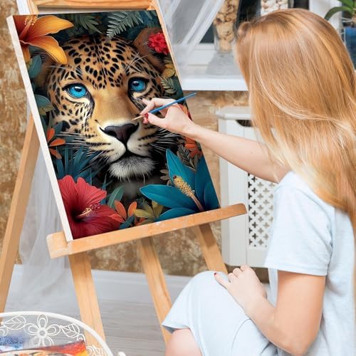 Bowetile Framed Paint by Numbers Cheetah Kit for Adults, Adults' Paint-by-Number Kits on Canvas, Painting by Numbers Flowers, Acrylic Number Painting Gifts for Home Wall Decor, 8x12in