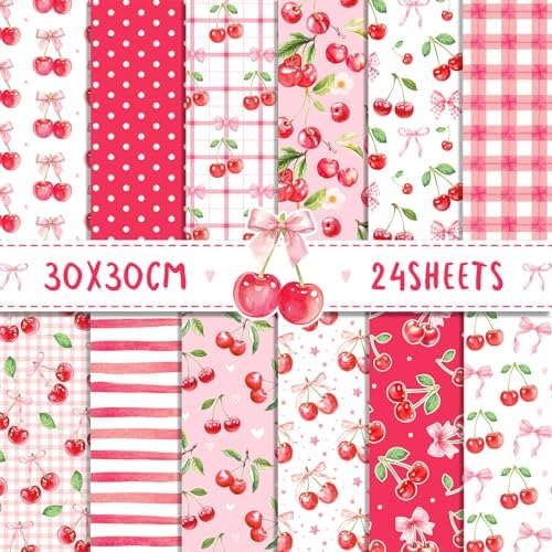 Pink Cherry Scrapbook Paper Cerise Grid Pattern Papers Pad 12×12,24 Sheets Double-Sided Spring Bobo Floral Scrapbooking CardStock Paper Pad for Holiday Cardmaking DIY Origami Papers.
