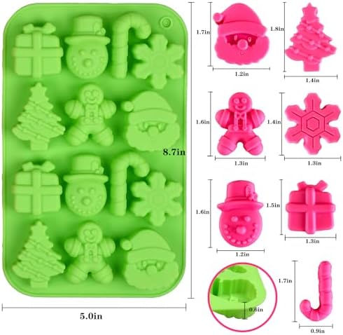 Christmas Silicone Chocolate Molds, 2 PCS Candy Baking Moulds,3D Xmas Tree Snowflake Cane Gingerbread Man Snowman Santa Claus Shape Mold Candy for Chocolate Gummy Soap(Red and Green)