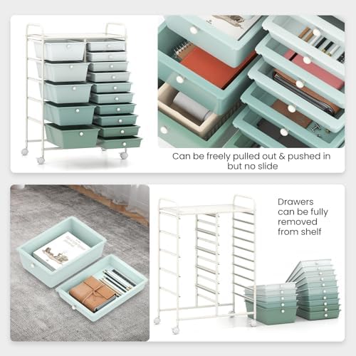 Giantex 15 Drawers Rolling Cart, Classroom Organizers, Storage Cart with Wheels, for Teacher Office Home School Supplies Tool Craft Art Paper, Green Gradient