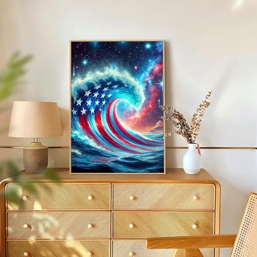 Reivworl Independence Day Diamond Art Kits for Adults, Waves Diamond Painting Kits, Gem Art Kit for Gifts and Home Interior Decor 12x16 Inch