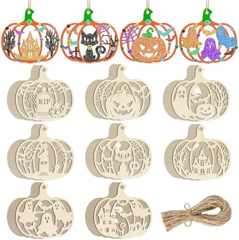 80PCS Wooden Halloween Decoration Pumpkins Ornaments to Paint Happy Halloween Cutouts Unfinished, DIY Blank Unfinished Ghost Spider Web Black Cat Trick or Treat Boo Ornament for Home Crafts Hanging
