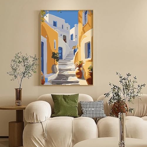 Camocin Framed Paint by Numbers Kit for Adults Beginner - Santorini Street Paint by Number Canvas with Frame, DIY Coastal Landscape Acrylic Painting Kit for Stress Relief Home Wall Decor 8x12 Inch
