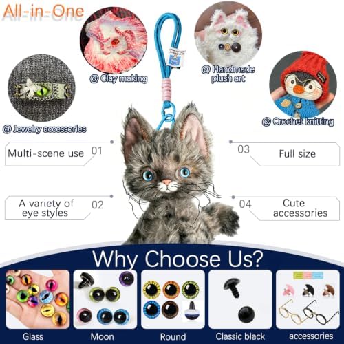 CSCHENGO 477Pcs10-35mm Glass Craft Safety Eyes 10-35mm 3D Shiny Round/Moon Eyes/Black Eyes with Noses/Glasses/Tags,for Adult DIY Crochet Handmade Craft Figurines Plush Crafts