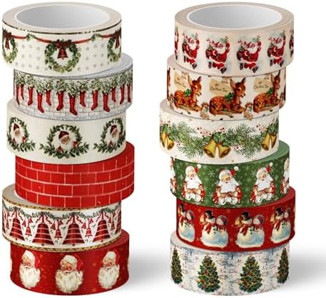 Whaline 12 Rolls Christmas Vintage Washi Tape Santa Claus Snowman Xmas Tree Bell Washi Tape Masking Decorative Party Gift Paper Tape for DIY Craft Scrapbook Decor Party Favor Supplies