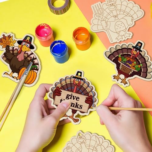 80PCS Wooden Thanksgiving Decoration Turkey Ornaments to Paint Thanksgiving Ornaments for Tree Crafts Cutouts Unfinished, DIY Blank Fall Unfinished Turkey Pumpkin Ornament for Home Harvest Hanging