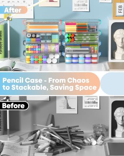 BiuLeon 8 Pack Large Pencil Box Set, Plastic Clear Pencil Case Marker Organizer, Crayon Box Craft Organizers, Stackable Storage Containers with Lid for Pen, Art and Craft Supplies(Color)