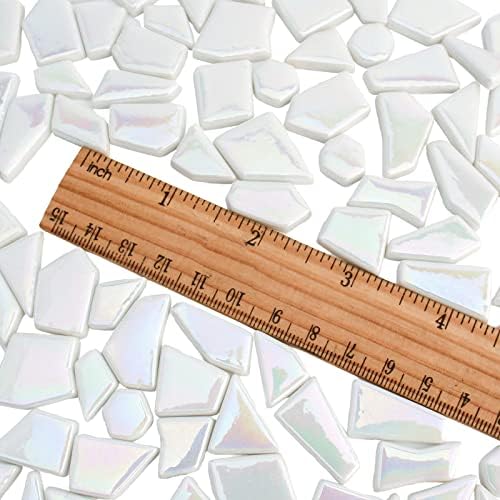 Youway Style Iridescent White Mosaic Tiles for Crafts Bulk,200g White Stained Glass Mosaic Supplies,Broken Glass Pieces for Garden Kit Crafts,DIY Mosaic Art
