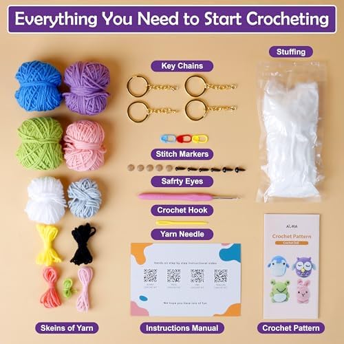 A-URA Learn to Crochet Kit for Beginners Kids and Adults, Premium 4 Animal Pattern Beginner Crochet Kits with Easy Tube Yarn & Step-by-Step Video Tutorials (Forest Friends–Standard Size)
