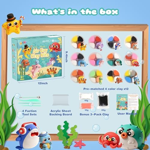 Air Dry Clay Kit, 12 Sea Creature Modeling Clay for Kids, Model Magic Clay with Sculpting Tools and Tutorials, Safe & Non-Toxic, DIY Arts & Crafts School Projects, Home Party Favors for Boys & Girls