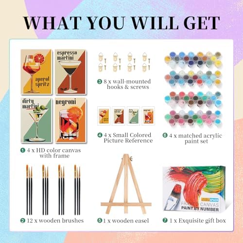 Camocin 4 Pack Framed Paint by Numbers Kit for Adults with Wooden Easel | Retro Cocktail Artwork, DIY Canvas Painting Set, Home Bar Wall Decor, Beginner Friendly, Vintage Style, 8x12 Inch