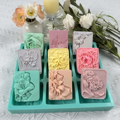 9 Cavities Mixed Flower Soap Mold,Handmade Soap Making Silicone Tray,Flower Silicone Molds for Natural Soap,Scented Candle Wax,Plaster Diffuser,Crystal Epoxy Decorations