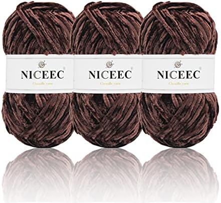 NICEEC 3 Skeins Soft Chenille Yarn 3 x85m (3X 93yds, 3X 50g)_Coffee
