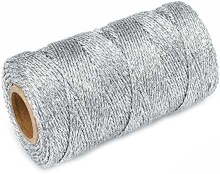 jijAcraft 328 Feet Silver String Twine - 1.5mm Metallic Ornament Thread Gift Wrapping - Inelastic Macrame Glitter Gold Cord for Gift Wrapping, DIY Crafts, Bracelets