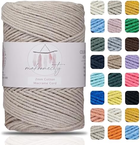 Makromecity, Cotton Macrame Cord 2mm x 195 Yards (590 feet) 2mm Recycled Cotton Crochet Yarn for Macrame Art & Crafts for Wall Hangings, Bags, Underplate, Rug (25 Colors Available) (Latte)