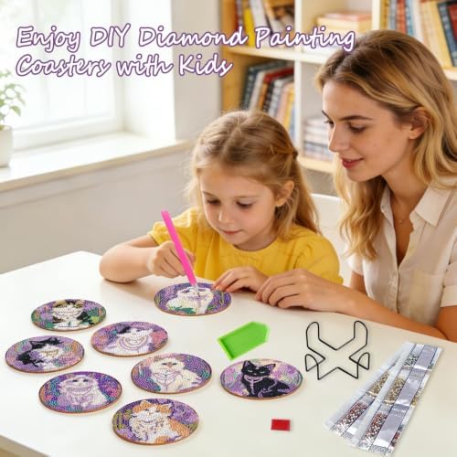 Leatrice Small Diamond Art Coasters Set Diamond Painting Kits for Adults Cat Diamond Dots Coasters Beginners Women Gem Art Coasters with Holder Funny Crafts Supplies for DIY Home Decor