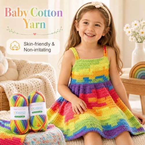 Katech 1OO% Rainbow Cotton Yarn for Crocheting-2 Sport Weight Baby Yarns