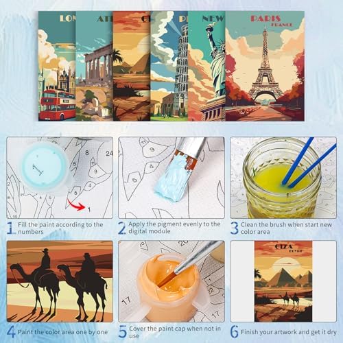 6 Pack Paint by Numbers Kit for Adults, Travel Number Painting, 10x14 Inch | DIY Adult Paint by Number Kits on Canvas for Beginners, without Frame, Vintage Travel Wall Decor, Stress Relief Craft Gift