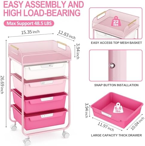 SYKIARIOL 4-Drawer Rolling Storage Cart with Mesh Top, Rose Pink