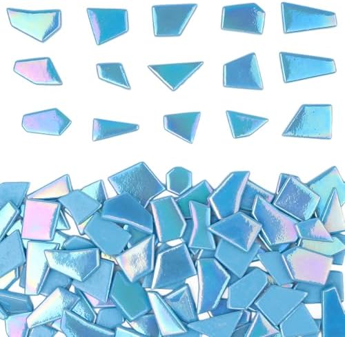 Youway Style Iridescent Glass Mosaic Tiles for Crafts Bulk,200g Blue Broken Mosaic Glass Pieces for Garden Crafts Kits,DIY Mosaic Art Decor
