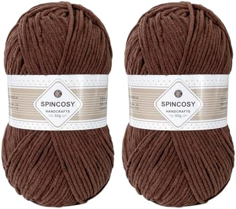Skinny Chenille Yarn, 2 Pack of 50g/120 Yards Fluffy Soft Polyester Crochet Yarn Sutible for Colorful DIY Crafts Blankets Plush Dolls (Coffee)
