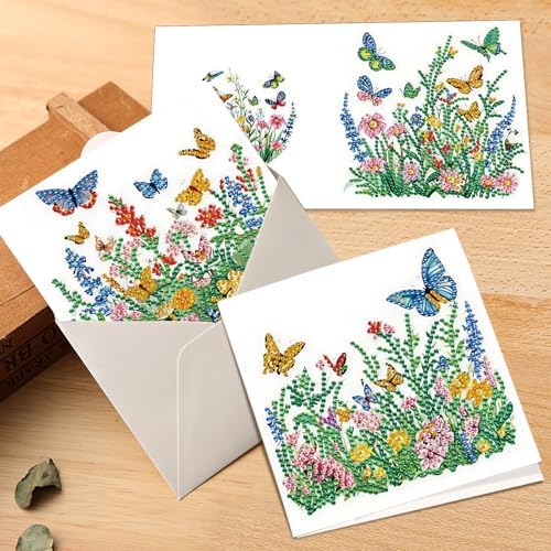 Tontut 6pcs Diamond Art Painting Kit Greeting Card, Green Flower Butterfly 5D DIY Diamond Handmade Holiday Greeting Card with Envelope, Holiday Gift Congratulations