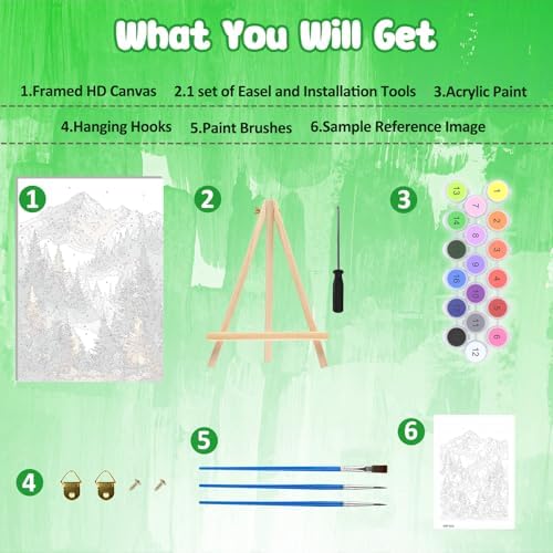 MAXBYE Forest Paint by Numbers Kit for Adults with Frame and Wooden Easel, Easy Painting Numbers Art Kits with Frame on Canvas, DIY Acrylic Painting Kit for Gift Home Wall Garden Decor 10×14 in