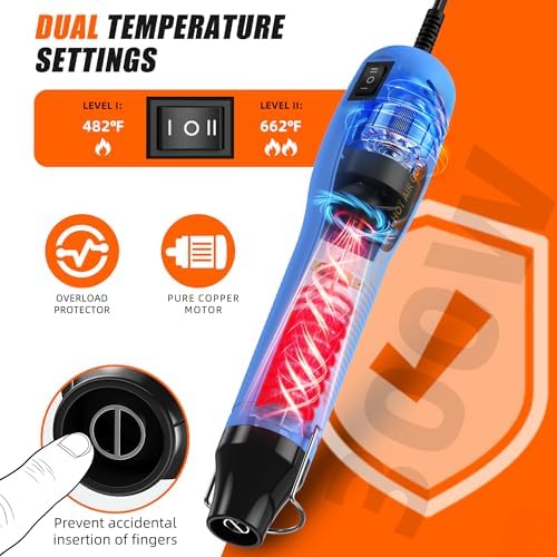 Mini Heat Gun, 2-Temp Settings 482℉ & 662℉（250℃&350℃） Fast Heat Hot Air Gun Tool and 5Ft Long Cable Overload Protection for Crafting, Vinyl Wrap and Shrink Tubing