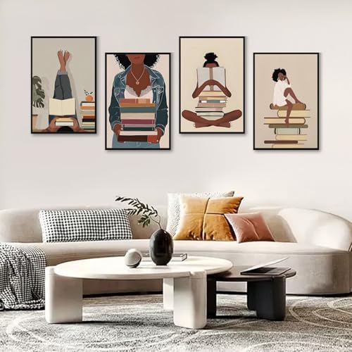 4 Pack Framed Paint by Numbers Kit for Adults, Book Lover, 8 x 12 Inch | DIY Acrylic Painting by Numbers for Beginners, with Wooden Easel, Reading Room Home Wall Decor, Stress Relief Craft Gift