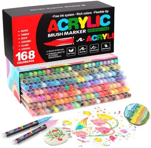 168 Colors Soft Brush Tip Acrylic Markers Set, Paint Pens for Rock, Wood, Fabric, Canvas, Glass, DIY Crafts, Waterproof Paint Markers, Vibrant Acrylic Pens for Artists and Art Projects