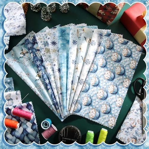 HunnmingRe 20 Pcs 10''x10'' Blue Winter Quilting Fabric Square Woodland Christmas Quiltted Fabric Bundle Snowy Day Snowflake Snowman Precuts Printed Patchwork Supplies for Xmas DIY Sewing Craft