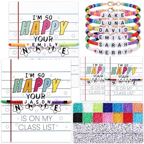 Tondiamo 4760 Pcs Back to School Gifts for Student Name 31 Set Bracelets Making Kit with Greeting Cards First Day of School DIY Adjustable Bead Bracelets Crafts for Teacher Students Party Favors Gifts