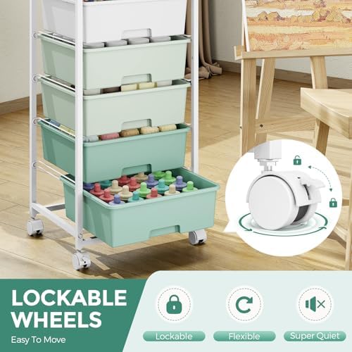 6 Drawer Rolling Storage Cart with Wooden Top and Wheels for Crafts,Green