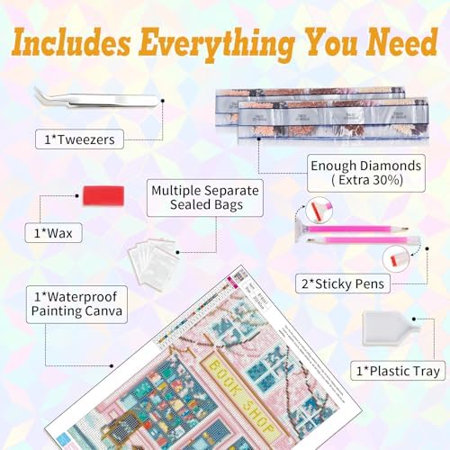 Book Shop Diamond Art Kits for Adults Beginners 12x16 in, DIY Craft Gift