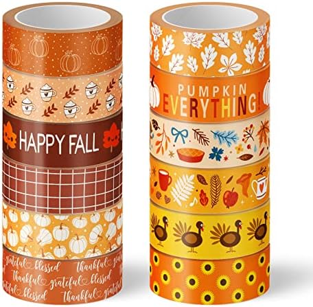 Whaline 12 Rolls Fall Thanksgiving Washi Tapes Assorted Autumn Pattern Decorative Tapes Pumpkin Turkey Dots Masking Tape for Fall Thanksgiving Scrapbook Journal DIY Craft Gift Wrapping, 0.6Inch