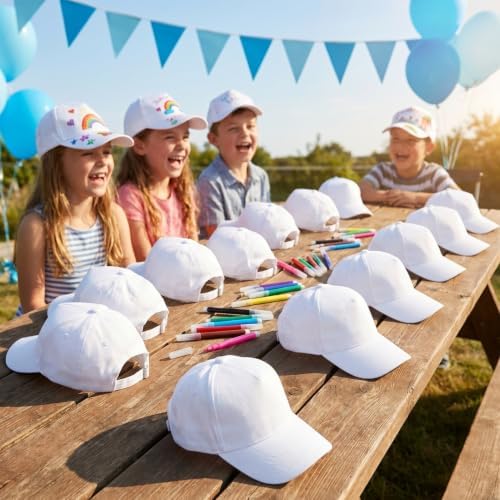 SHINEOFI 12pcs Kids White Baseball Caps Bulk DIY Plain Blank Caps with 12pcs Coloring Pens Painting Hats for Kids Birthday Parties Art Crafts Outdoor Activities