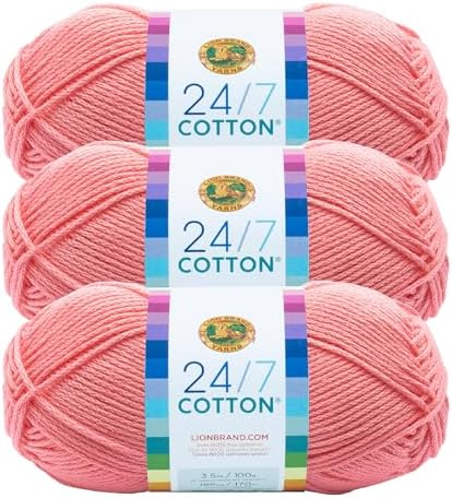 Lion Brand Yarn, 24/7 Cotton Yarn, Pink, 3 Pack