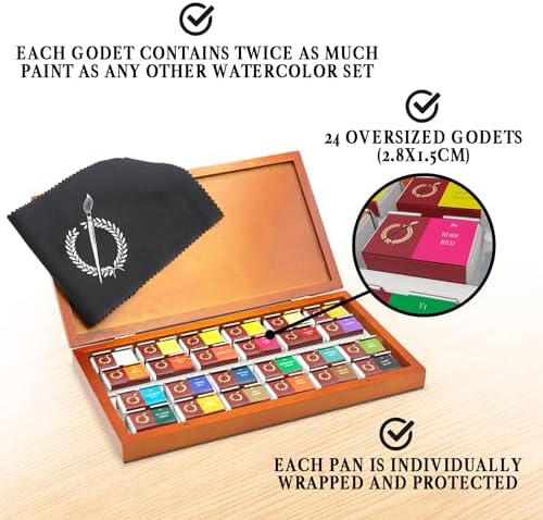 Pinturale Arts Watercolor Set Professional | 24 Richly Pigmented Colors (XL Pans) in Wooden Box | Artist Grade Watercolor Professional Paint Set