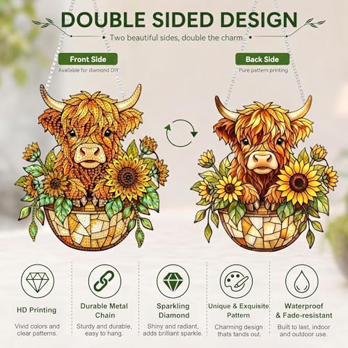 HMZephitiquc Highland Cow Hanging Diamond Art Kits for Adults, Special Shaped Crystal Diamond Painting Suncatchers, 5D Gem Art, Sun Catchers DIY Craft Kits for Gift Home Decor