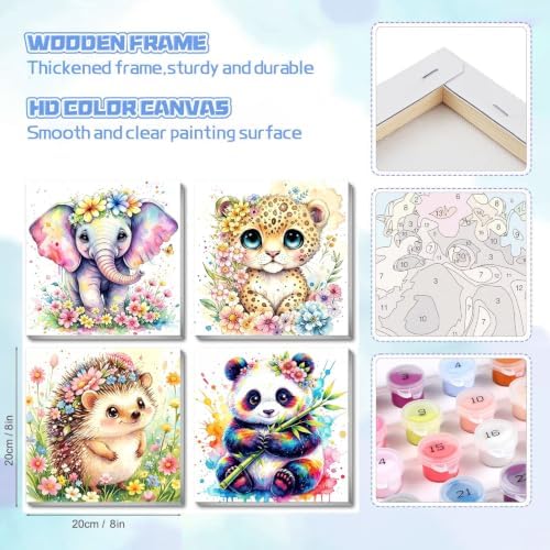 bleihum 4 Pack Paint by Numbers Kit for Kids with Frame Wooden Easel | Animal Paint by Number Kids Ages 8 12, Easy Animals Panda Elephant Acrylic Painting for Boys Girls Home Decor 8x8Inch