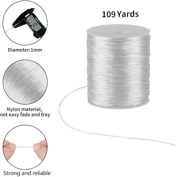 White Nylon String Cord - 1 MM 100 Yards Braided Ornament String, Nylon Twine Thread for Bracelet Making, Necklace Jewelry Thread Clay Bead Cord for Crafts Bracelets, Macrame Beading