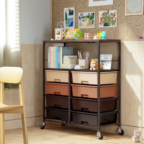 APEXCHASER Rolling Storage Cart with 8 Large Drawers, Wooden Tabletop