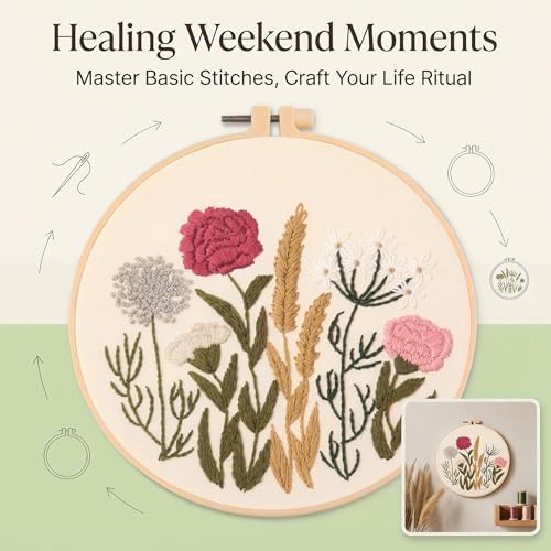 Harimau Adult Beginner Embroidery Starter Kit, Complete Set with 4 Patterns, 2 Hoops, Needles, Scissors, Instruction Guide & Stitching Video Tutorials
