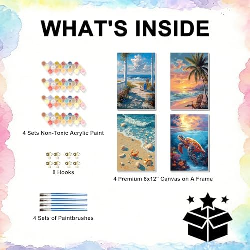 TBAIRO 4 Pack Beach Framed Paint by Numbers Kit for Adults Beginner Sea Turtle DIY Painting Kits for Adults Beach Easy Adult Paint by Number Kits on Canvas for Wall Art Decor 8x12 Inch