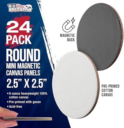 U.S. Art Supply Mini Magnetic Canvas Panels, 24 Pack, 2.5 Inch Round