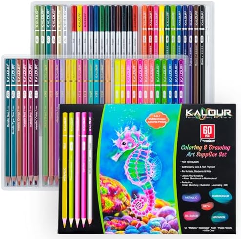KALOUR 60 Art Drawing Pencils Set,Including Oil-Based, Metallic, Watercolor, Neon, Macaron Pastel Colored Pencils.Ideal for Sketching, Coloring & DIY Crafts,Gift for Adults Kids Artists Beginner