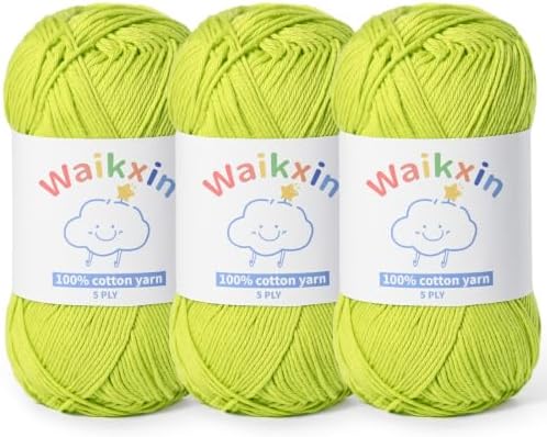 3 Pack of 100% Cotton Yarn for Crocheting,Baby Yarn for Crocheting Soft,5 Ply Milk Cotton Yarn,#2 Sport Weight Cotton Yarn,10.6oz/787.4yds Amigurumi Yarn for Puzzle,Clothes&DIY Crafts.(3 Lime Green)