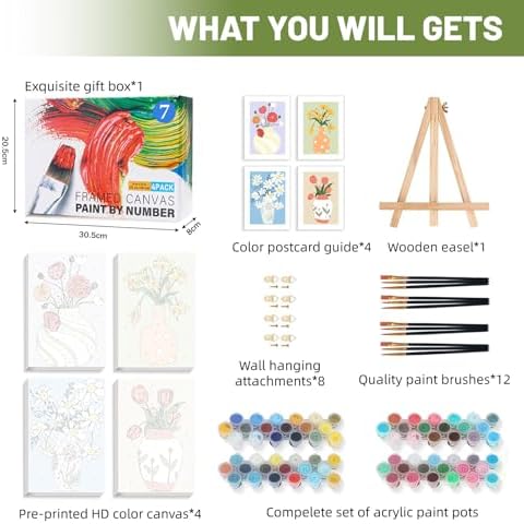 4 Pack Framed Paint by Numbers Kit for Adults Beginner with Wooden Easel, Flowers Vase Easy Adult Paint by Number Kits with Frame, DIY Acrylic Number Painting for Adults for Home Decor Gift 8x12 Inch